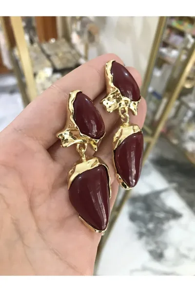 Bordo Muadil Marka Gold Detaylı Küpe