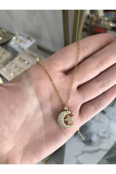 Taş Detaylı Ay&Yıldız Model Kolye