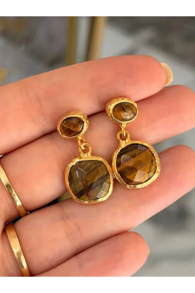 VIP Kesme Model Kaplan Gözü Doğal Taş ve Gold Detaylı Tasarım Küpe