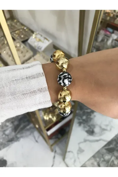 Gold Detaylı Leopar Model Lastikli Bilezik