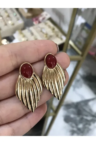 Bordo Boncuk Detaylı Gold Küpe