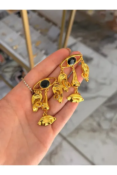 Yüz Model Siyah Taş Detaylı Göz Küpe