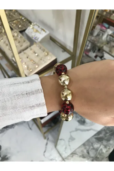 Gold Detaylı Leopar Model Lastikli Bilezik