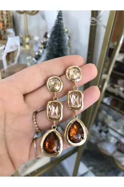 Vintage Damla Model Kahverengi Detaylı Küpe
