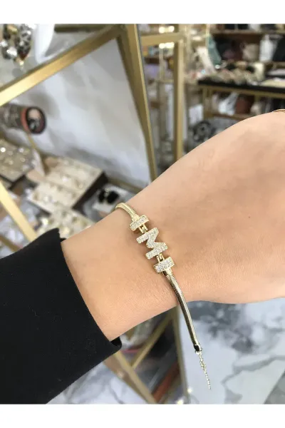 Harf Detaylı Taşlı Yılan Sırtı Model Bileklik ( M Harfi) kararmaz