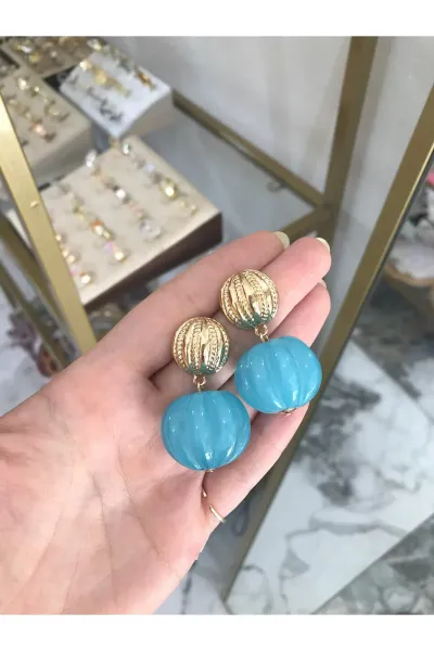 Mavi Ve Gold Detaylı Küpe