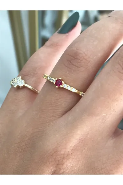 Pembe Tek Taş Detaylı Yüzük