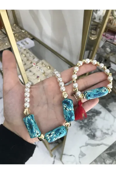 Gold Detaylı Cam İnci Model Kolye Bileklik Seti
