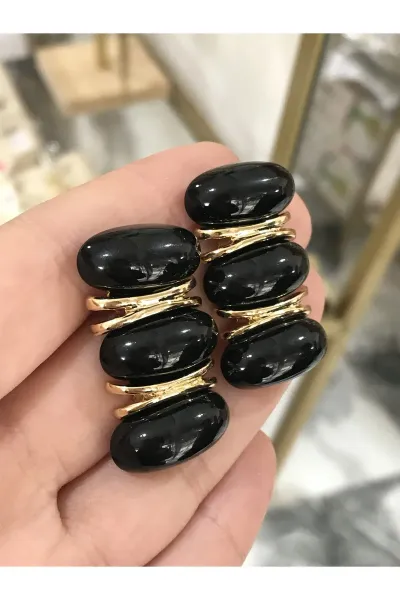 Siyah Muadil Marka Gold Detaylı Sıralı Model Küpe