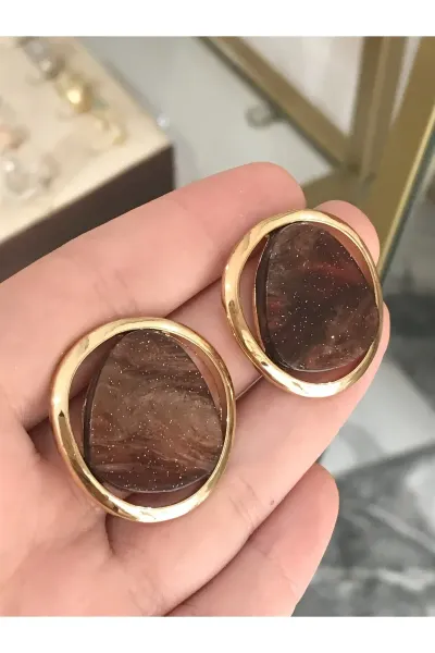 Yeni Seri Sim Detaylı Kahverengi Küpe