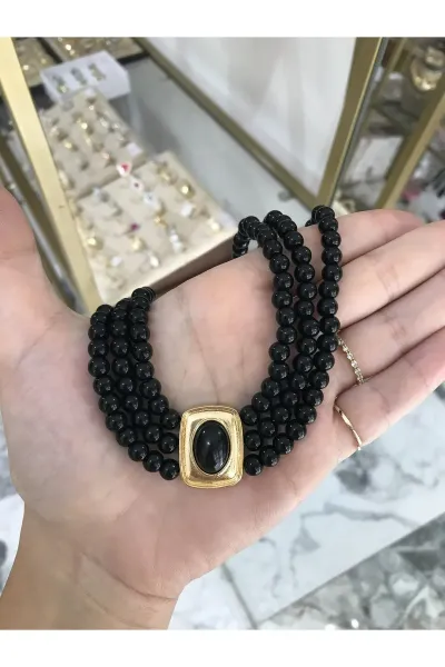 Gold Detaylı Siyah Abiye İnci Kolye