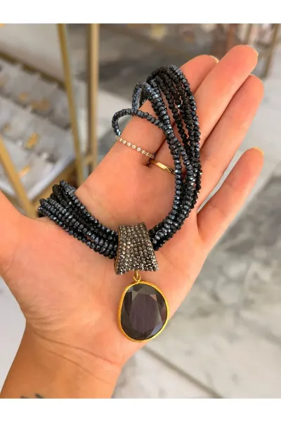 VIP Doğal Taş Çok Katmanlı Kristal Boncuk Detaylı Tasarım Kolye