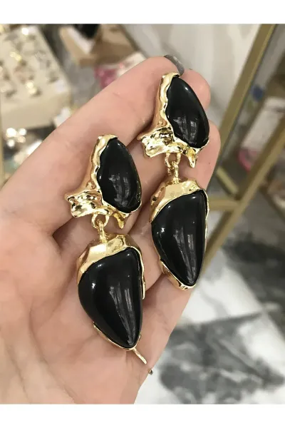 Siyah Muadil Marka Gold Detaylı Küpe