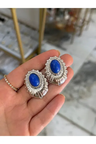 Vintage Model Mavi Taş ve Metal Çerçeveli Küpe