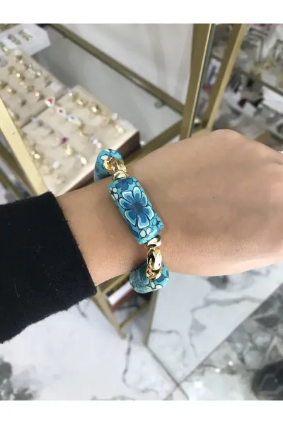 Mavi ve Gol Detaylı Lastikli Model Bileklik