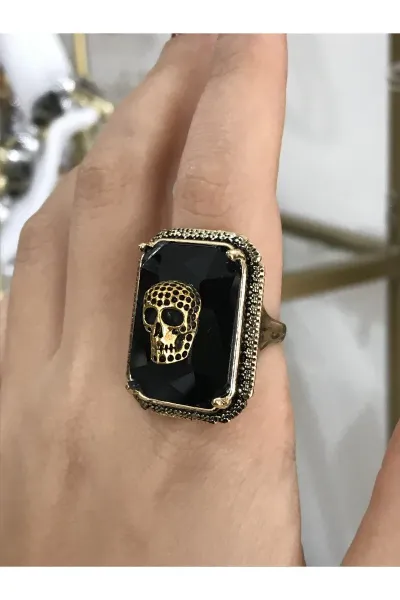 Kurukafa Ve Gold Detaylı Siyah Yüzük