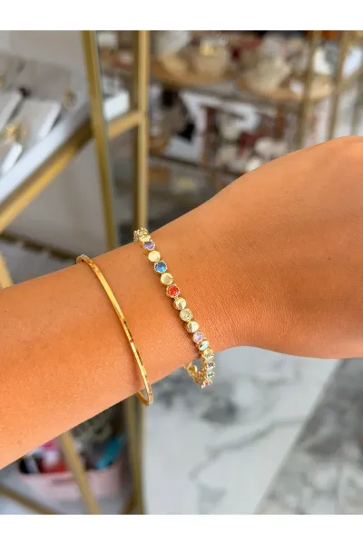 Renkli Taş Model ve Gold Detaylı Bileklik