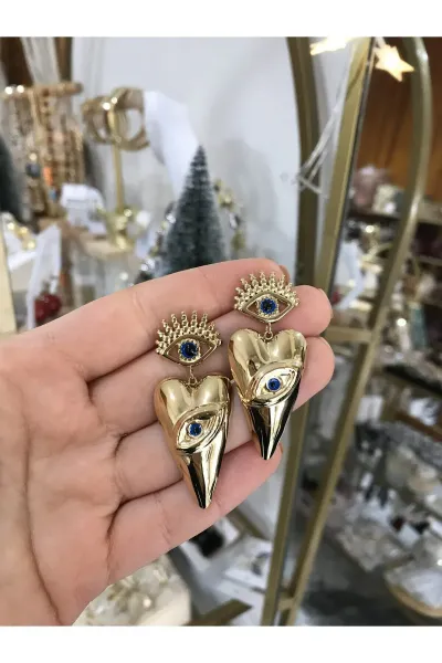 Mavi Boncuk Detaylı Göz Model Gold Küpe