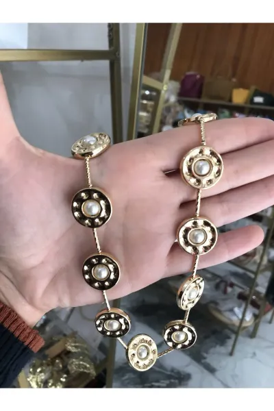 Muadil Marka İnci Detaylı Gold Ezme Kolye