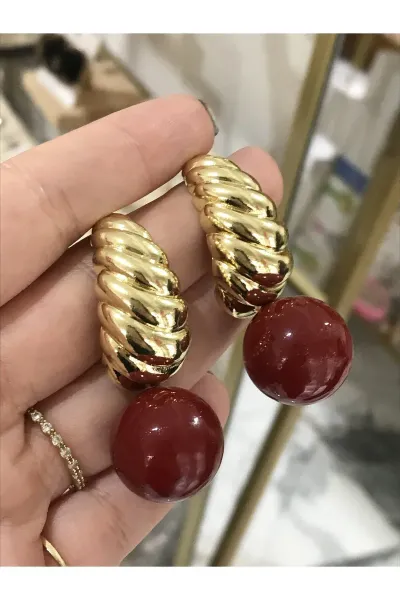 Gold Detaylı Bordo Top Model Küpe