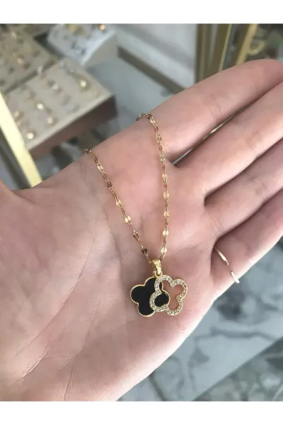 İkili Taşlı ve Yonca Model Trend Kolye