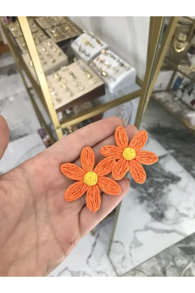 Turuncu Çiçek Model Küpe