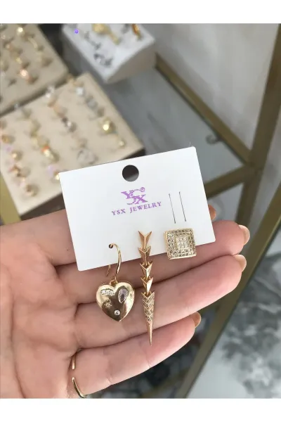 3'lü Kombin Model Kalpli Küpe