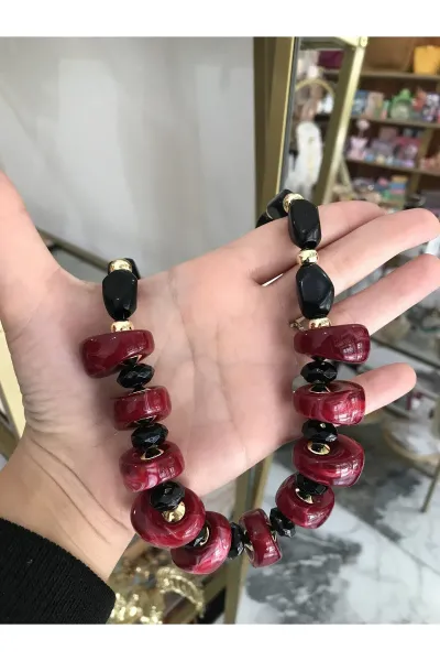 Cam Boncuk Model Gol Detaylı Bordo İri Kolye