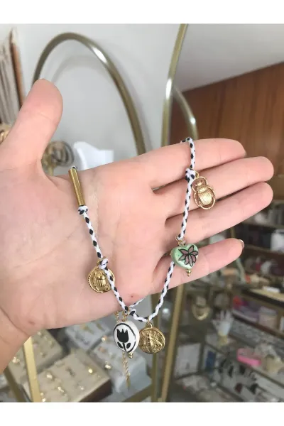 Arı ve Lale Deatylı Seramik Charm İp Kolye