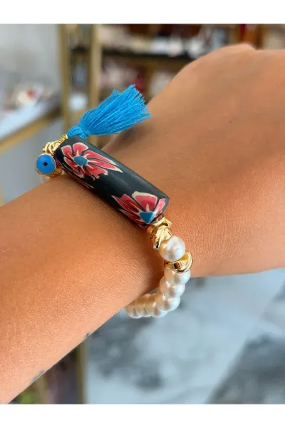 Gül ve Cam İnci Detaylı Lastikli Model Bileklik