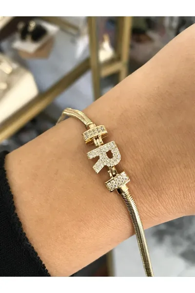 Harf Detaylı Taşlı Yılan Sırtı Model Bileklik ( R Harfi) kararmaz