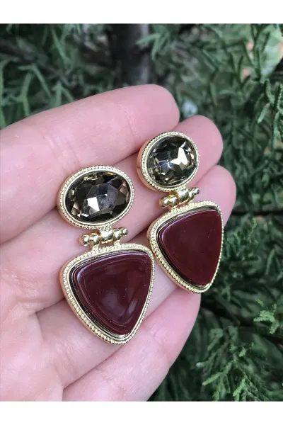 Yeni Sezon Bordo Kristal Detaylı Küpe