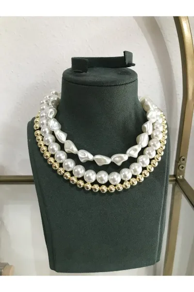 3lü Gold Detaylı İnci Model Kolye