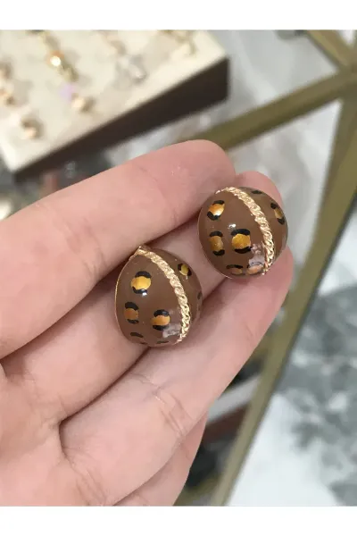 Simli Gold Detaylı Leopar Küpe