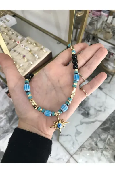 Cam Boncuk Yıldız Detaylı Doğal Taş Model Kolye