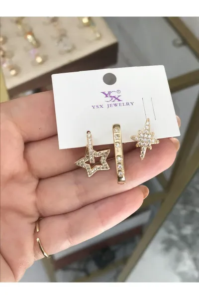 3'lü Kombin Yıldız Ve Halka Modelli Küpe
