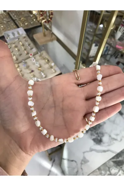 Beyaz Gold Detaylı Zarif Doğal Taş Model Kolye