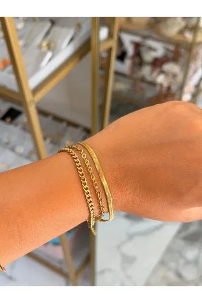 3'lü Model Gold Zincir Bileklik