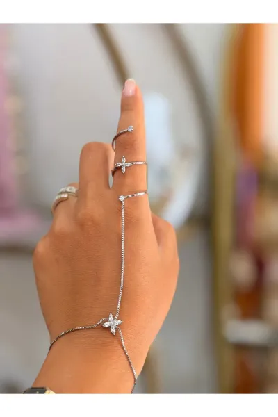 Şahmeran Yüzük ve Bileklik Kombini- Silver Çiçek detaylı aksesuar seti