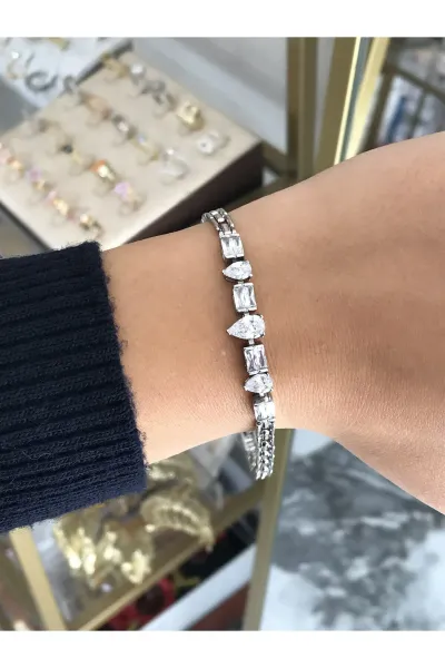 Damla ve Baget Detaylı Silver Model Bileklik (kararmaz)