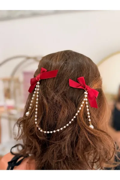 İkili Kırmızı Fiyonk Model İnci Detaylı Toka
