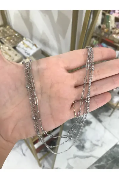 Silver Detaylı 3'lü Ataç ve Zincir Model Kolye