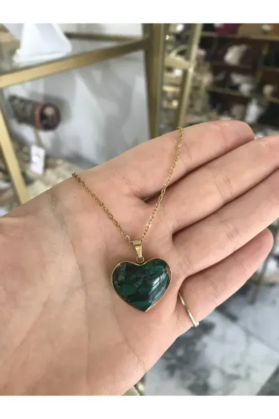 Cam ve Gold Detaylı Kalp Doğal taş Çelik Kolye