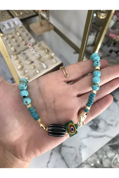 Mavi Doğal Taş Detaylı Boncuk Model Etnik Kolye
