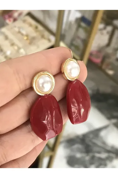 İnci Detaylı Tasarım Kırmızı Küpe