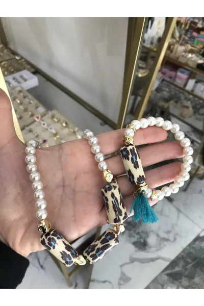 Gold Detaylı Cam İnci Model Kolye Bileklik Seti