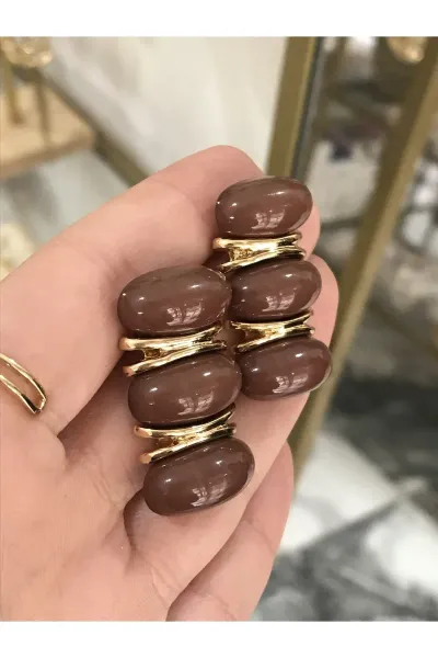 Kahverengi Muadil Marka Gold Detaylı Sıralı Model Küpe