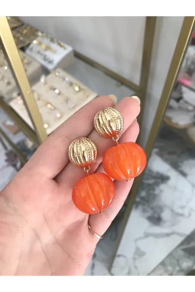 Bal Kabağı Ve Gold Detaylı Küpe