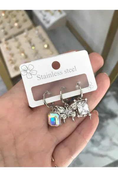 3'lü Kombin Kelebek Detaylı Küpe