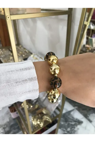 Gold Detaylı Leopar Model Lastikli Bilezik